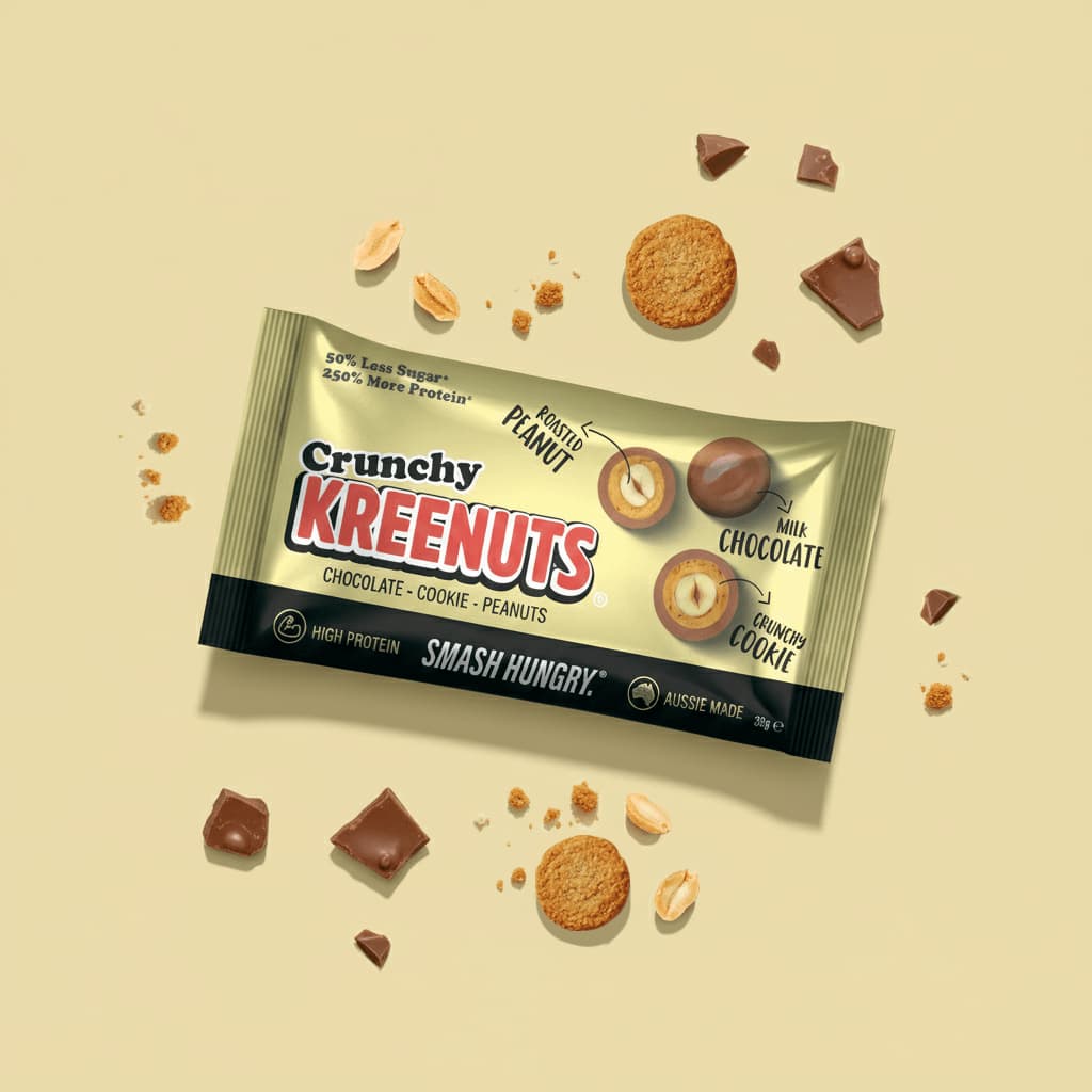 KREENUTS Milk Chocolate 39g bags bulk box — cookie crunch, milk couverture chocolate, whole Queensland peanut