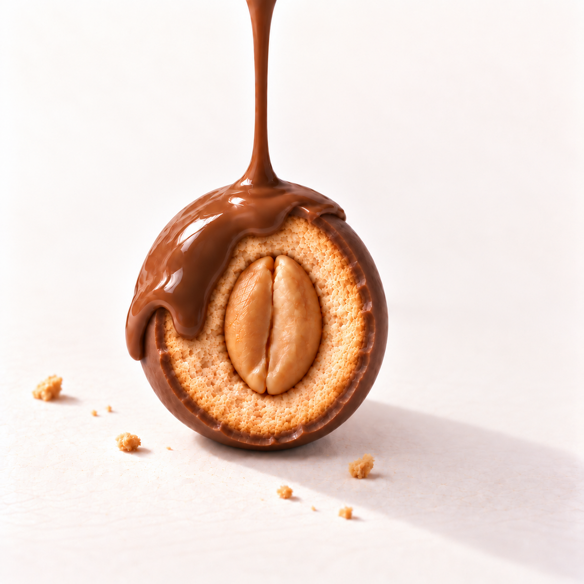 KREENUT cross-section showing a whole peanut, crunchy cookie shell and couverture chocolate