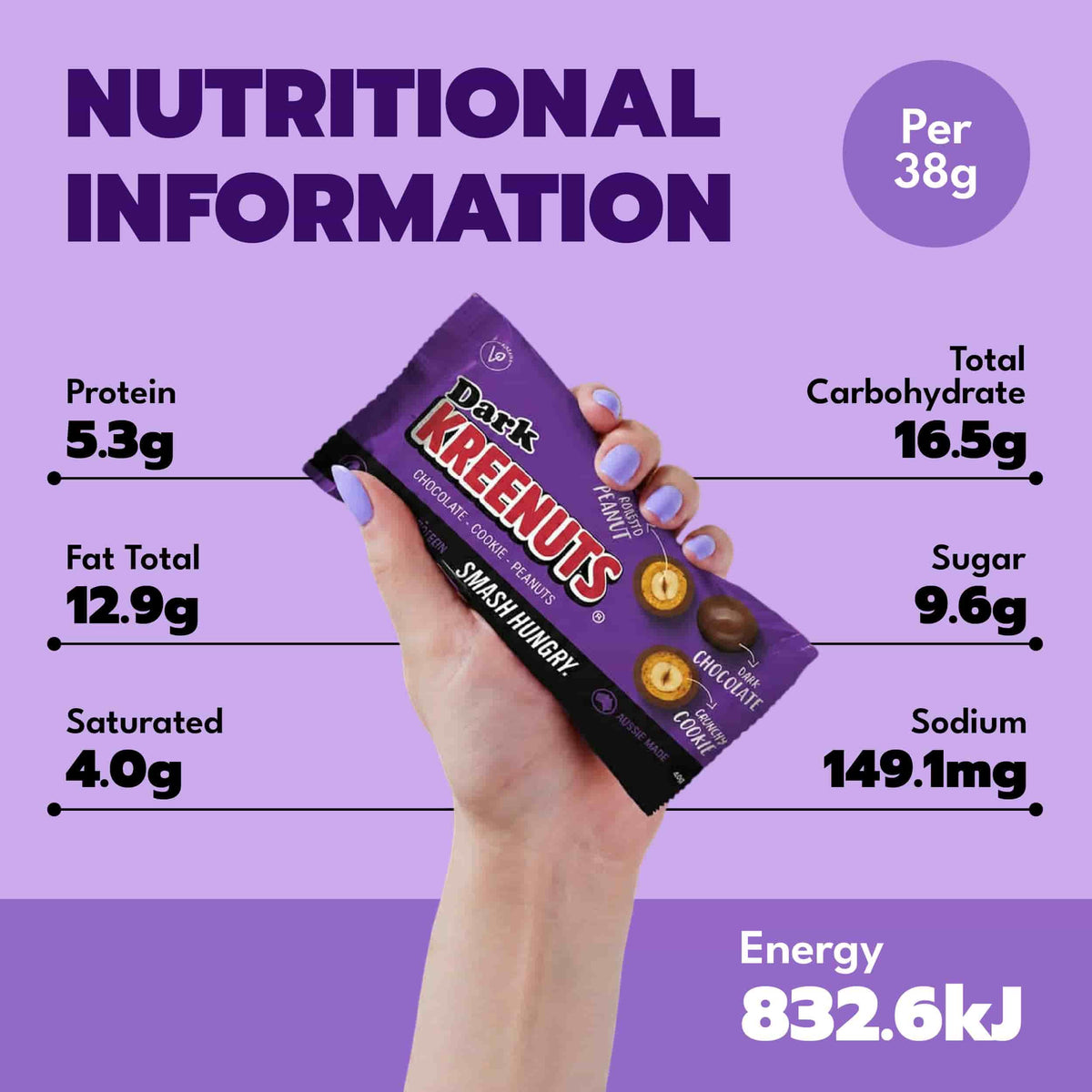 Dark Chocolate KREENUTS® 45g nutrition information panel